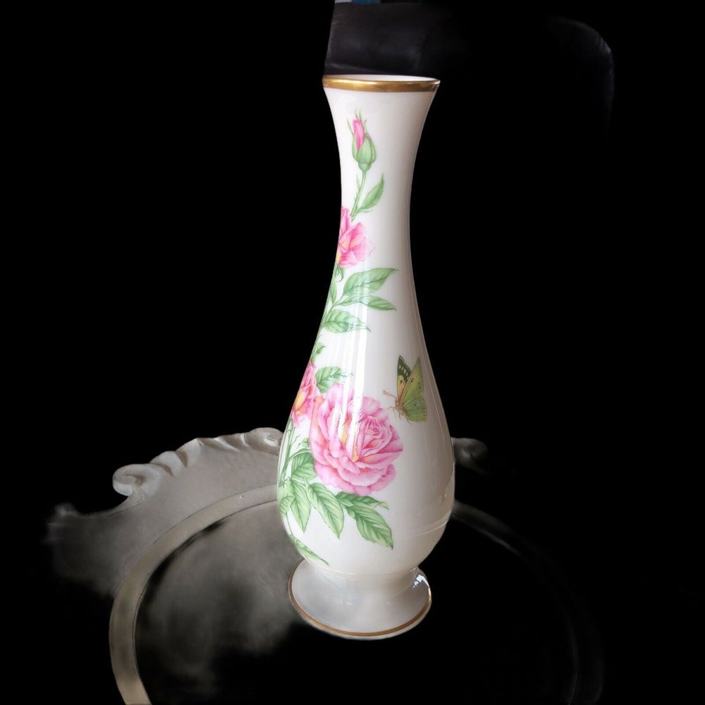 Vintage Lenox Vase Pink Roses Butterfly Gold Trim